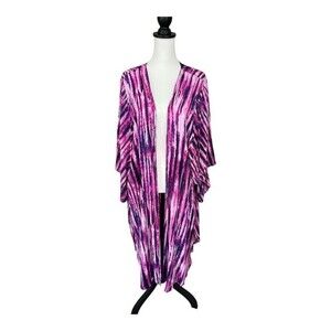 Curvy Sense Midi Length Pink and Purple Mixed Print Abstract Kimono Cardigan 1X